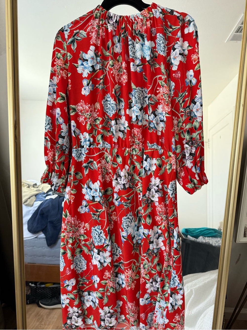 H&M Red Floral Long Sleeve Midi Dress with Blue Accents